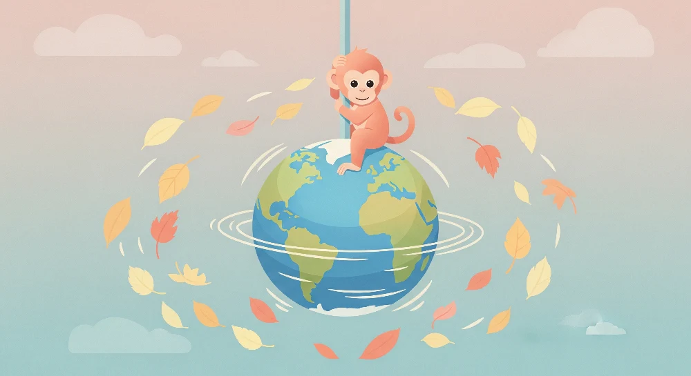 Tapet pentru camera copilului | Maimuță jucausă pe planetă cu frunze vârtejitoare