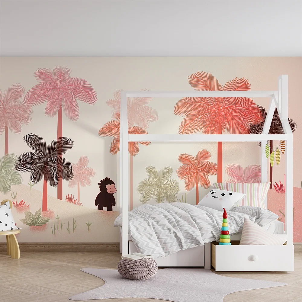 Tapet pentru camera copilului | Micul maimuțoi într-un peisaj tropical colorat