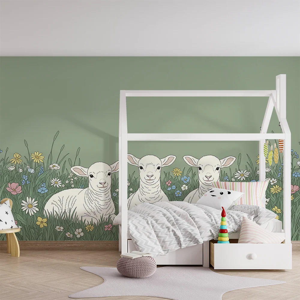 Tapet pentru camera copilului | Mieluși drăguți înconjurați de flori colorate
