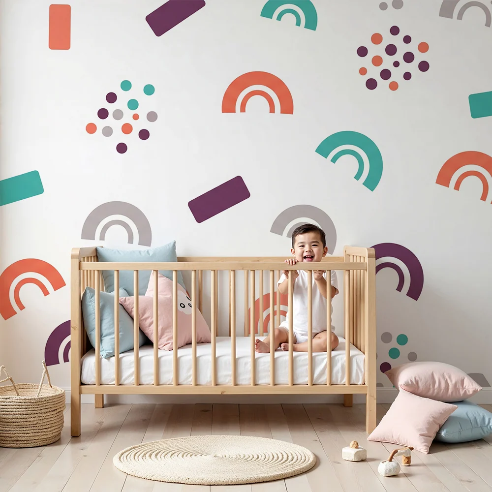 Tapet pentru camera copilului | Modele colorate și moderne cu curcubee și forme geometrice