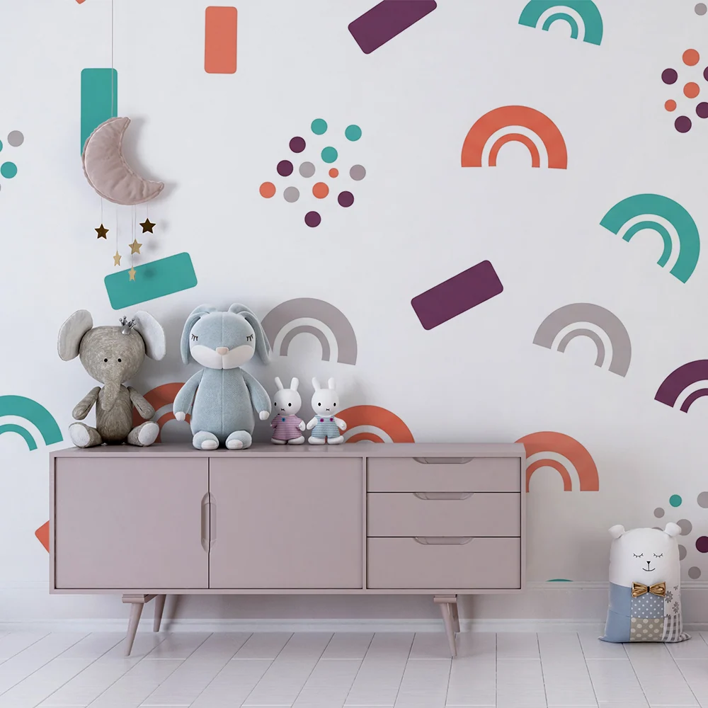 Tapet pentru camera copilului | Modele colorate și moderne cu curcubee și forme geometrice