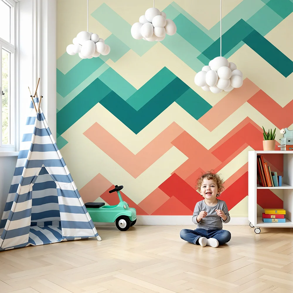 Tapet pentru camera copilului | Modele geometrice în zigzag cu nuanțe delicate
