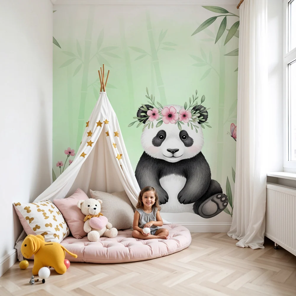 Tapet pentru camera copilului | Panda adorabil înconjurat de bambus și flori