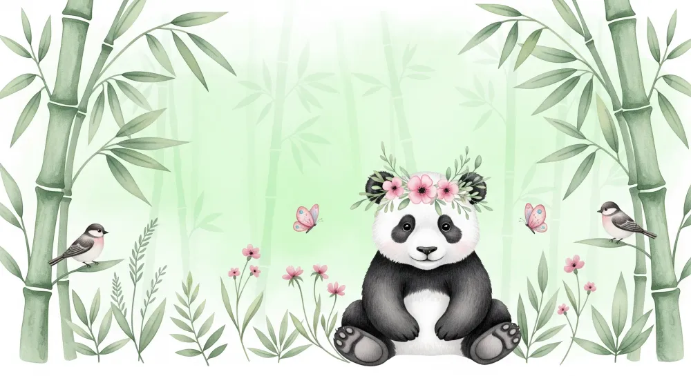 Tapet pentru camera copilului | Panda adorabil înconjurat de bambus și flori