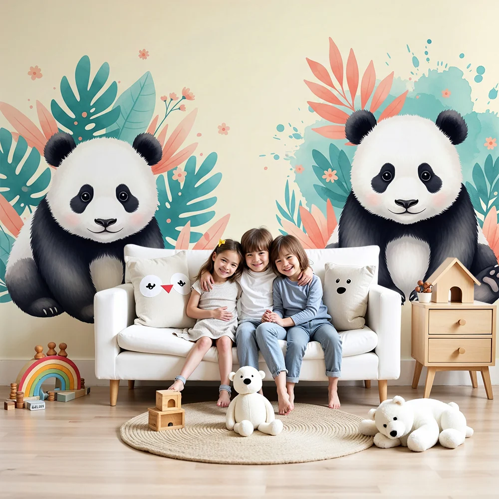 Tapet pentru camera copilului | Panda drăguți înconjurați de frunziș tropical