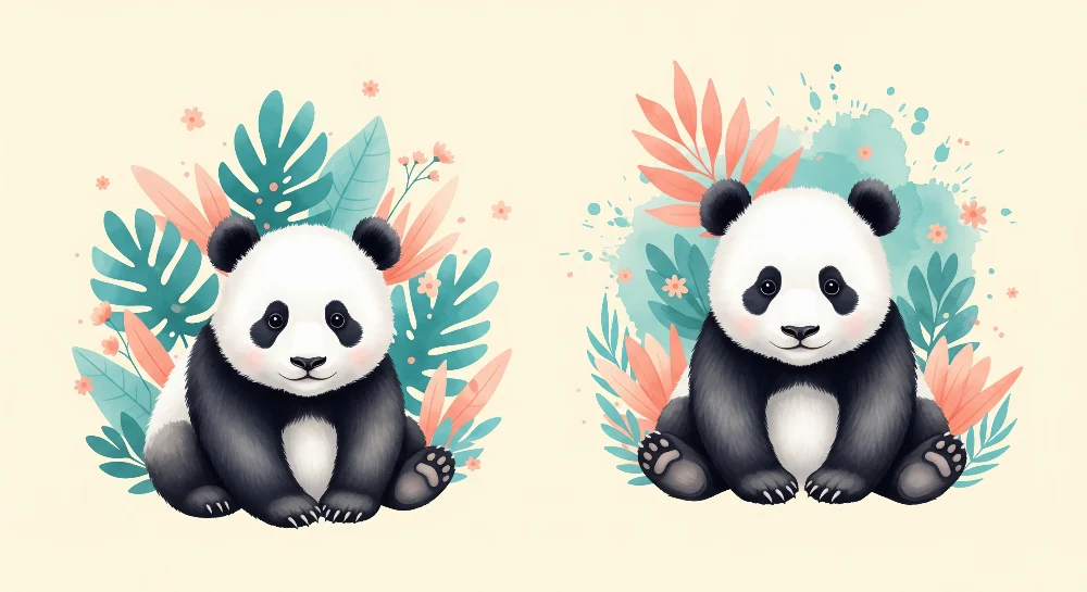 Tapet pentru camera copilului | Panda drăguți înconjurați de frunziș tropical