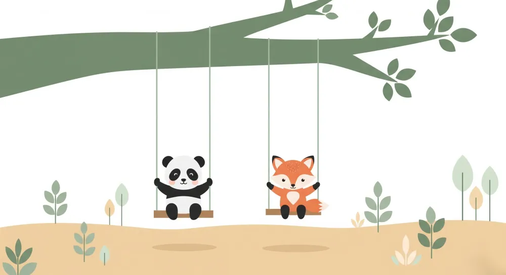 Tapet pentru camera copilului | Panda și vulpe pe leagăne