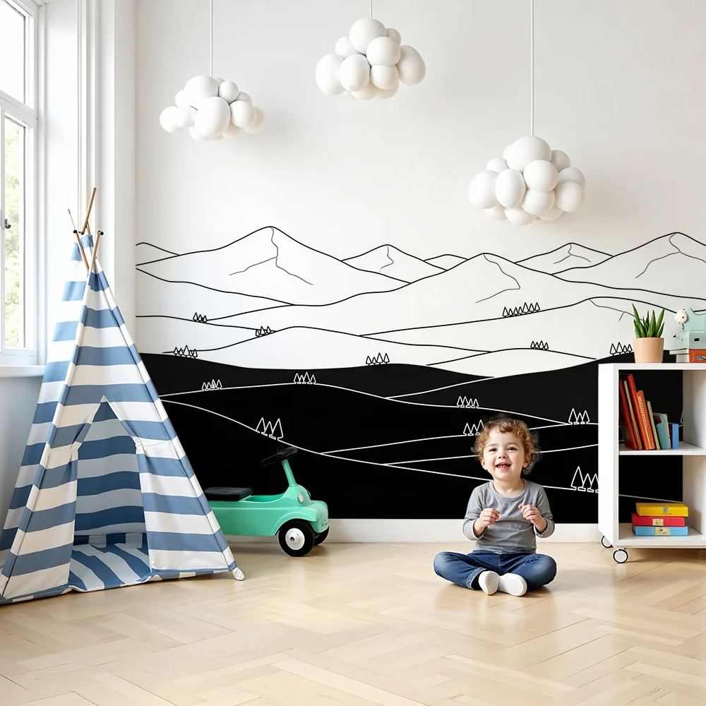 Tapet pentru camera copilului | Peisaj montan în alb și negru minimalist