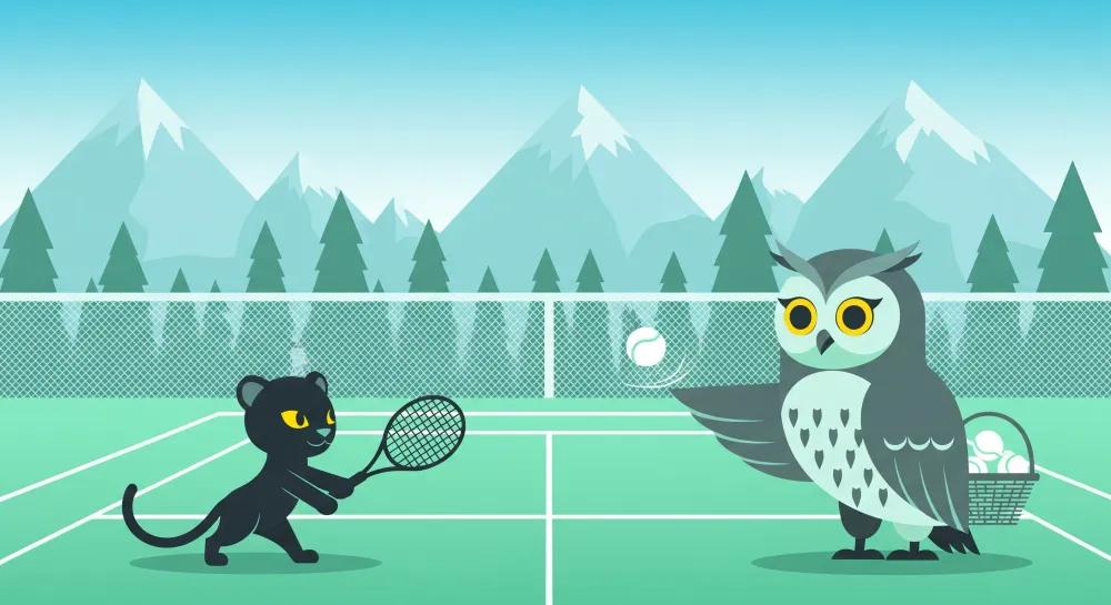 Tapet pentru camera copilului | Pisică jucătoare de tenis și bufniță antrenoare pe fundal montan