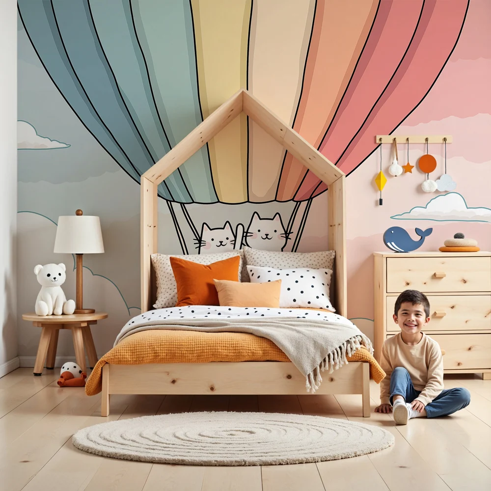 Tapet pentru camera copilului | Pisici în balon aerostatic