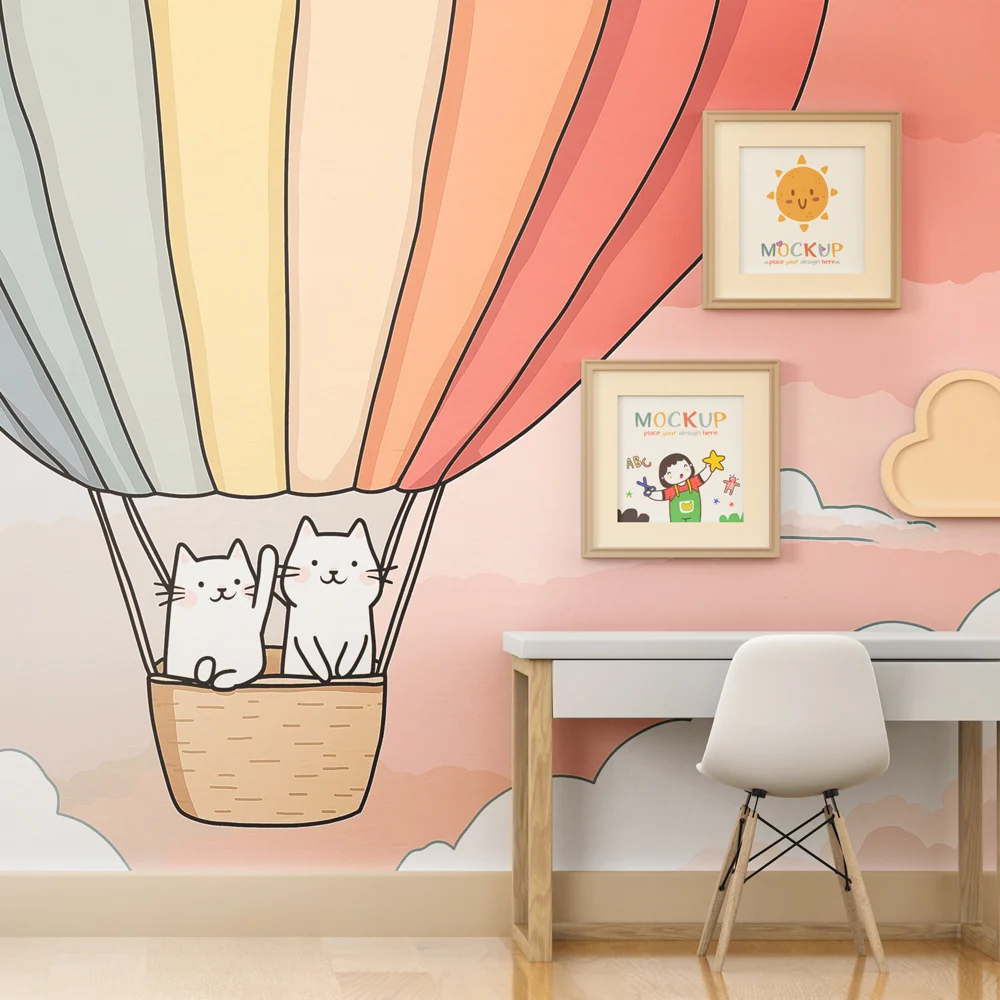 Tapet pentru camera copilului | Pisici în balon aerostatic