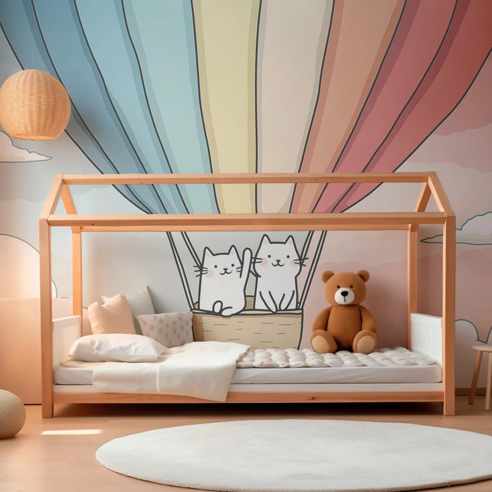 Tapet pentru camera copilului | Pisici în balon aerostatic