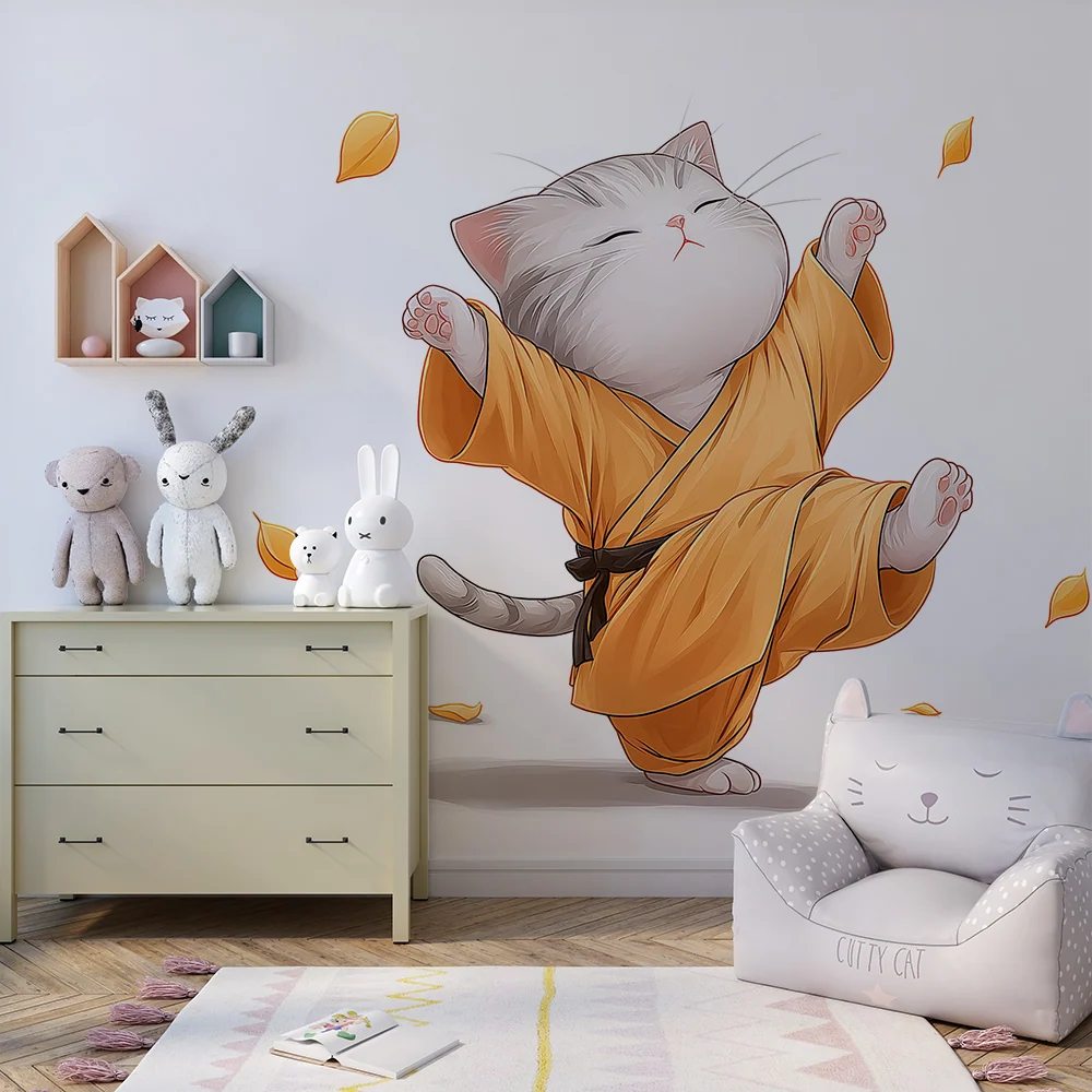 Tapet pentru camera copilului | Pisoi în kimono dansând printre frunzele de toamnă