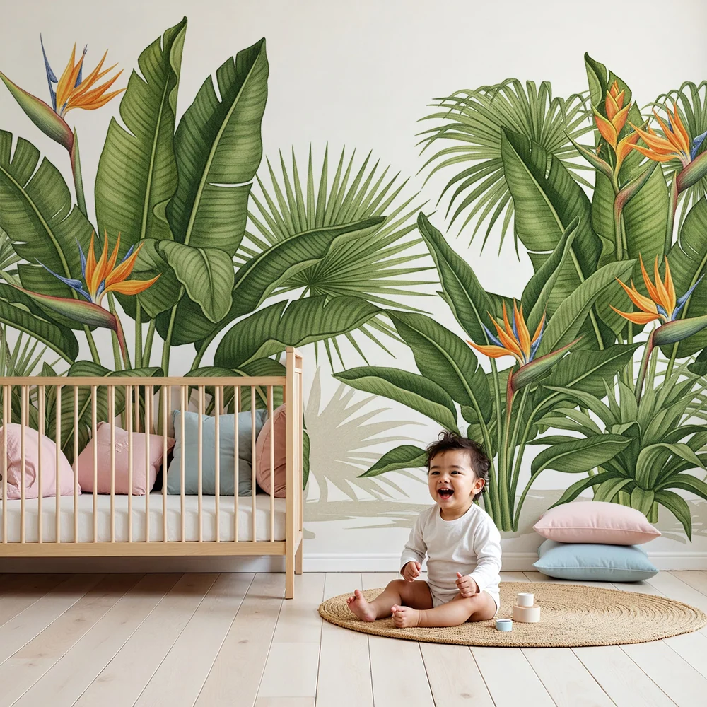 Tapet pentru camera copilului | Plante tropicale și flori exotice într-o decor luxuriant