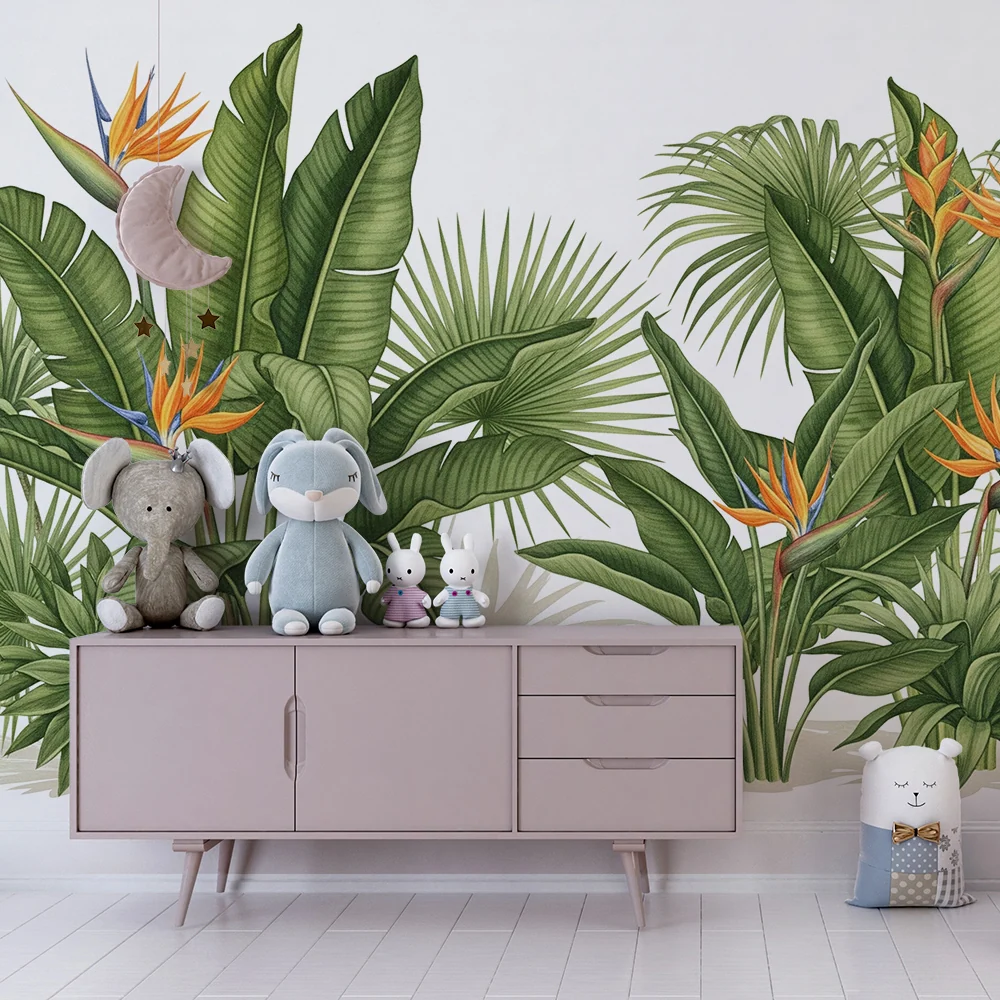 Tapet pentru camera copilului | Plante tropicale și flori exotice într-o decor luxuriant