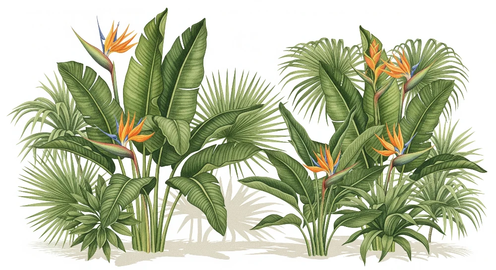 Tapet pentru camera copilului | Plante tropicale și flori exotice într-o decor luxuriant