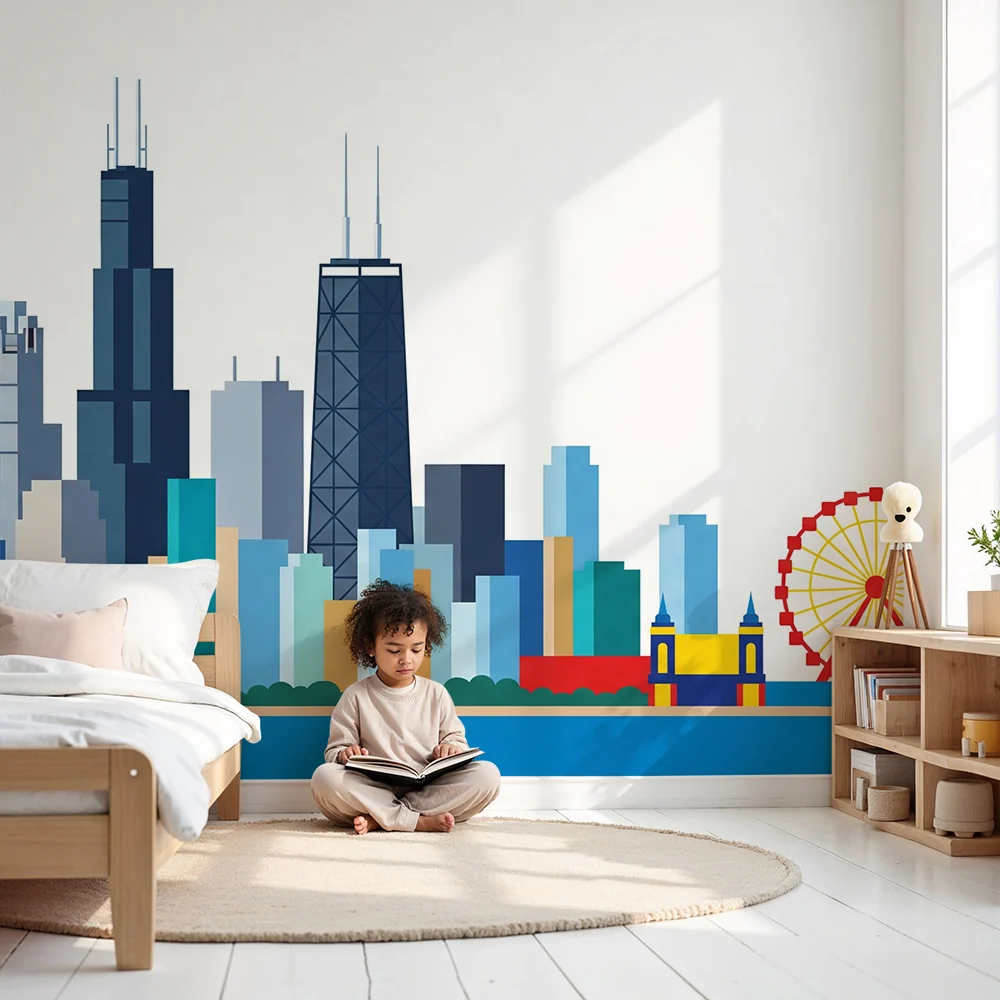 Tapet pentru camera copilului | Skyline colorată orașului Chicago cu roată mare și clădiri emblematice