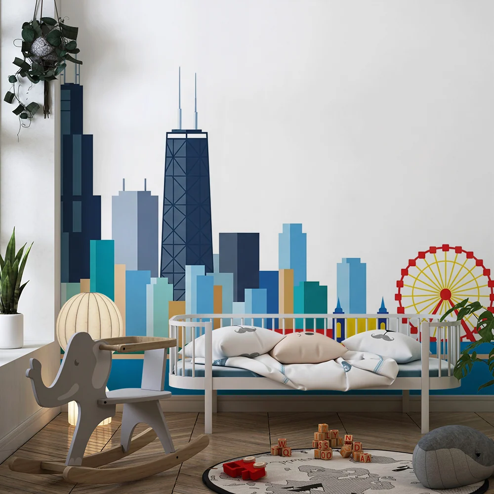 Tapet pentru camera copilului | Skyline colorată orașului Chicago cu roată mare și clădiri emblematice