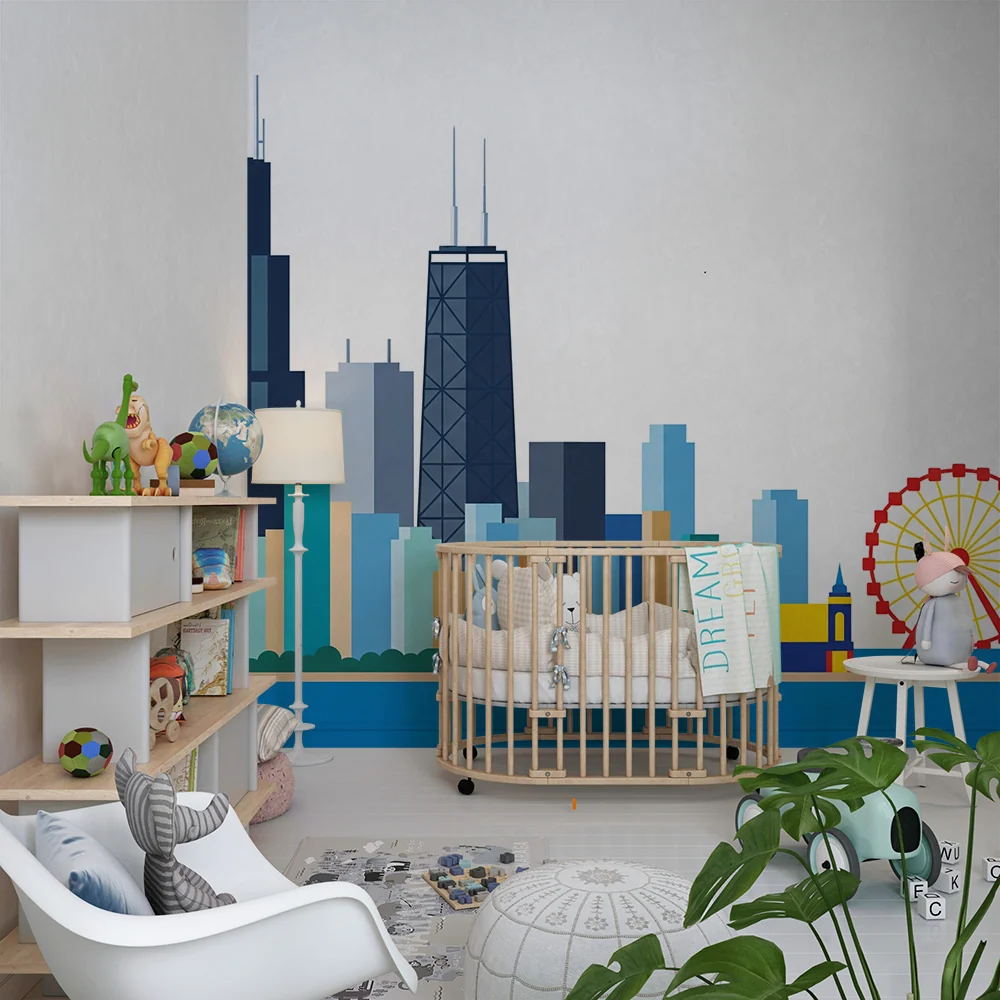 Tapet pentru camera copilului | Skyline colorată orașului Chicago cu roată mare și clădiri emblematice