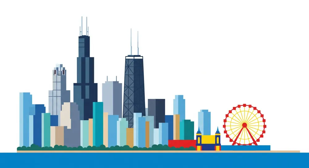 Tapet pentru camera copilului | Skyline colorată orașului Chicago cu roată mare și clădiri emblematice