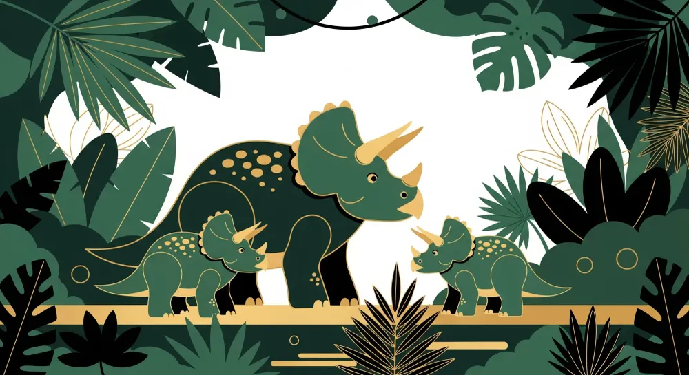 Tapet pentru camera copilului | Triceratops dinozaur într-o junglă luxuriantă