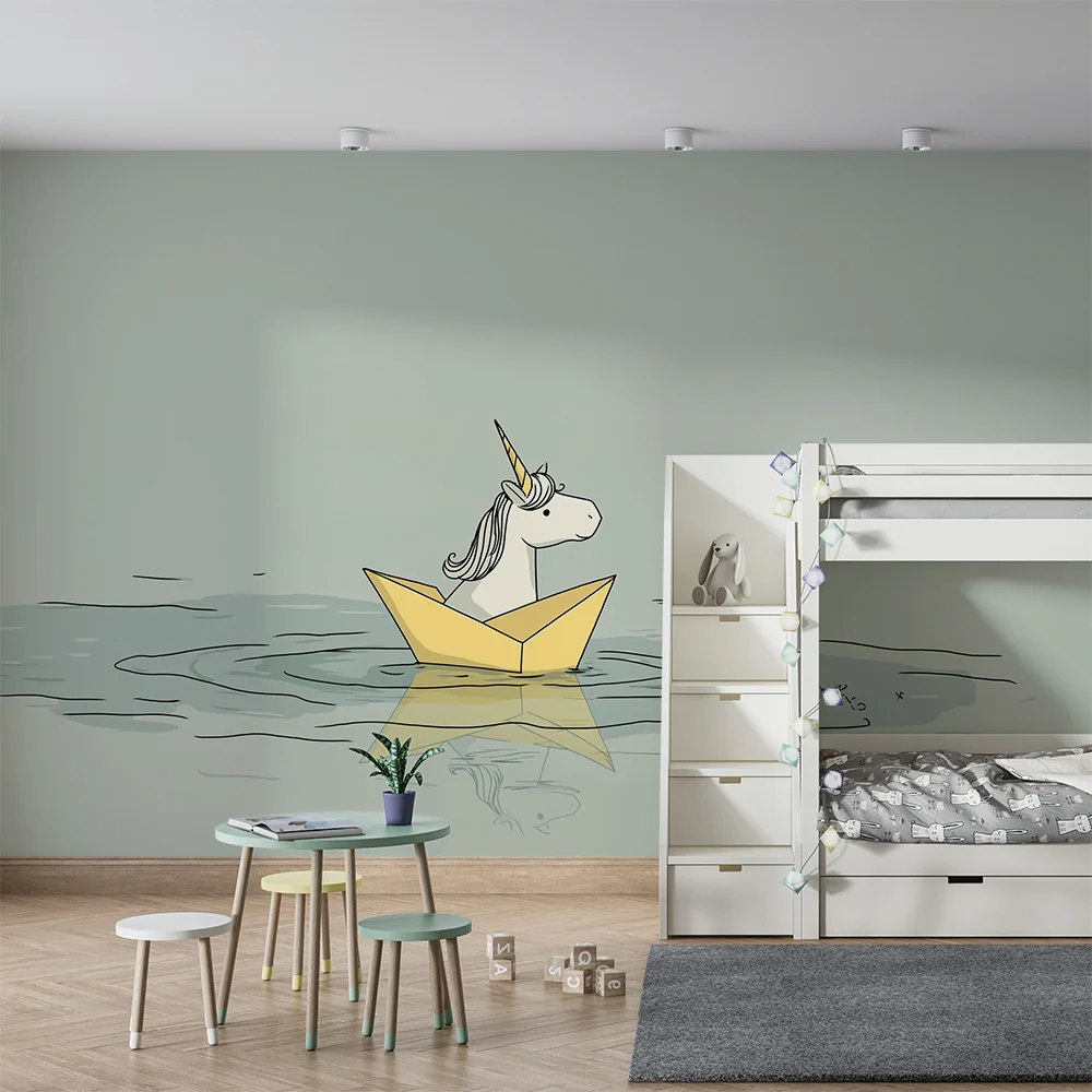Tapet pentru camera copilului | Unicorn pe o barcă de hârtie pe o mare liniștită