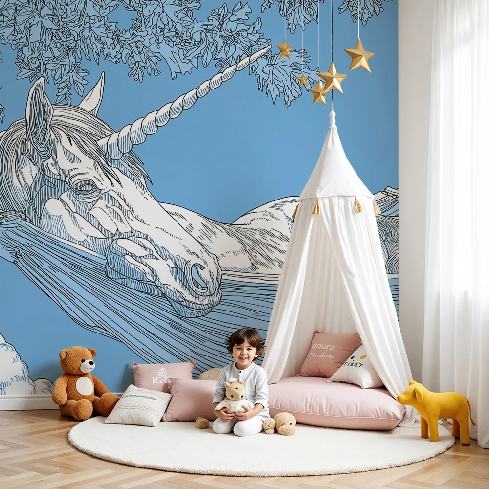 Tapet pentru camera copilului | Unicorn liniștit într-un hamac sub un cer albastru