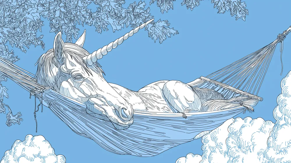 Tapet pentru camera copilului | Unicorn liniștit într-un hamac sub un cer albastru