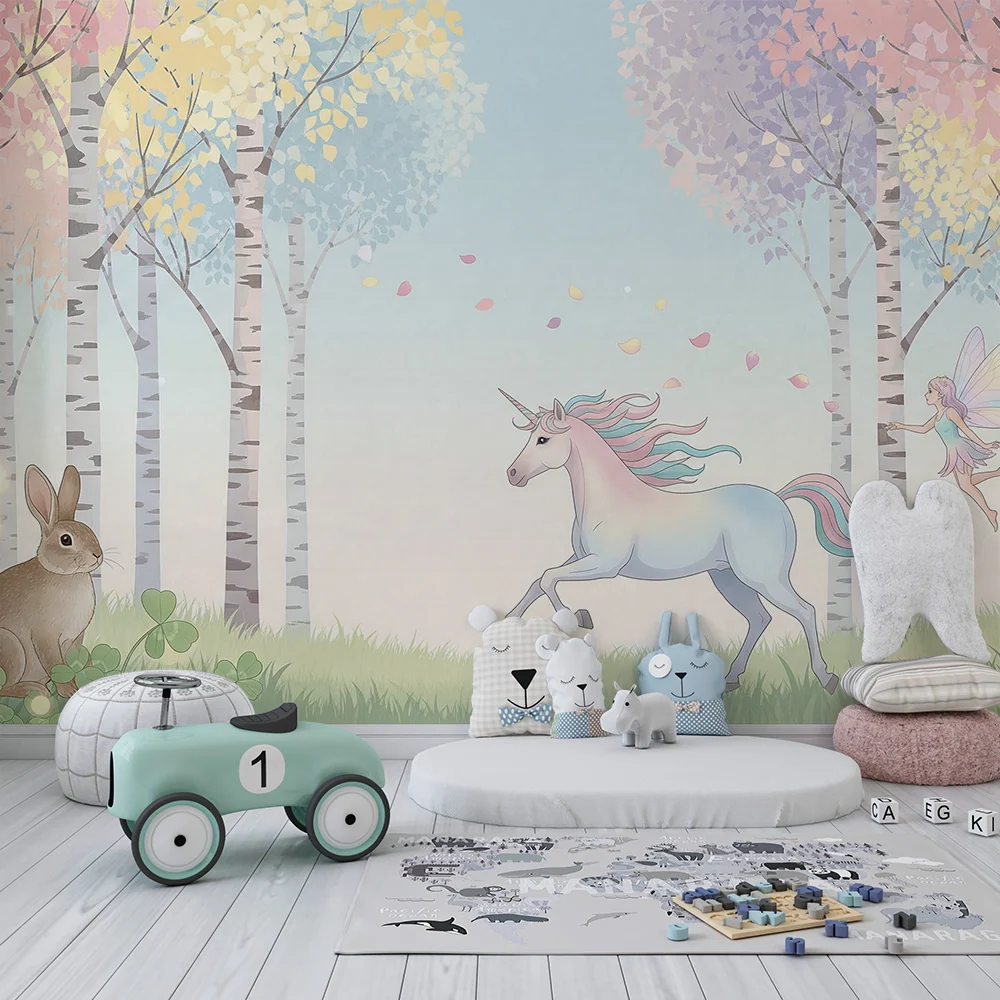 Tapet pentru camera copilului | Unicorn magic și zână într-o pădure fermecată