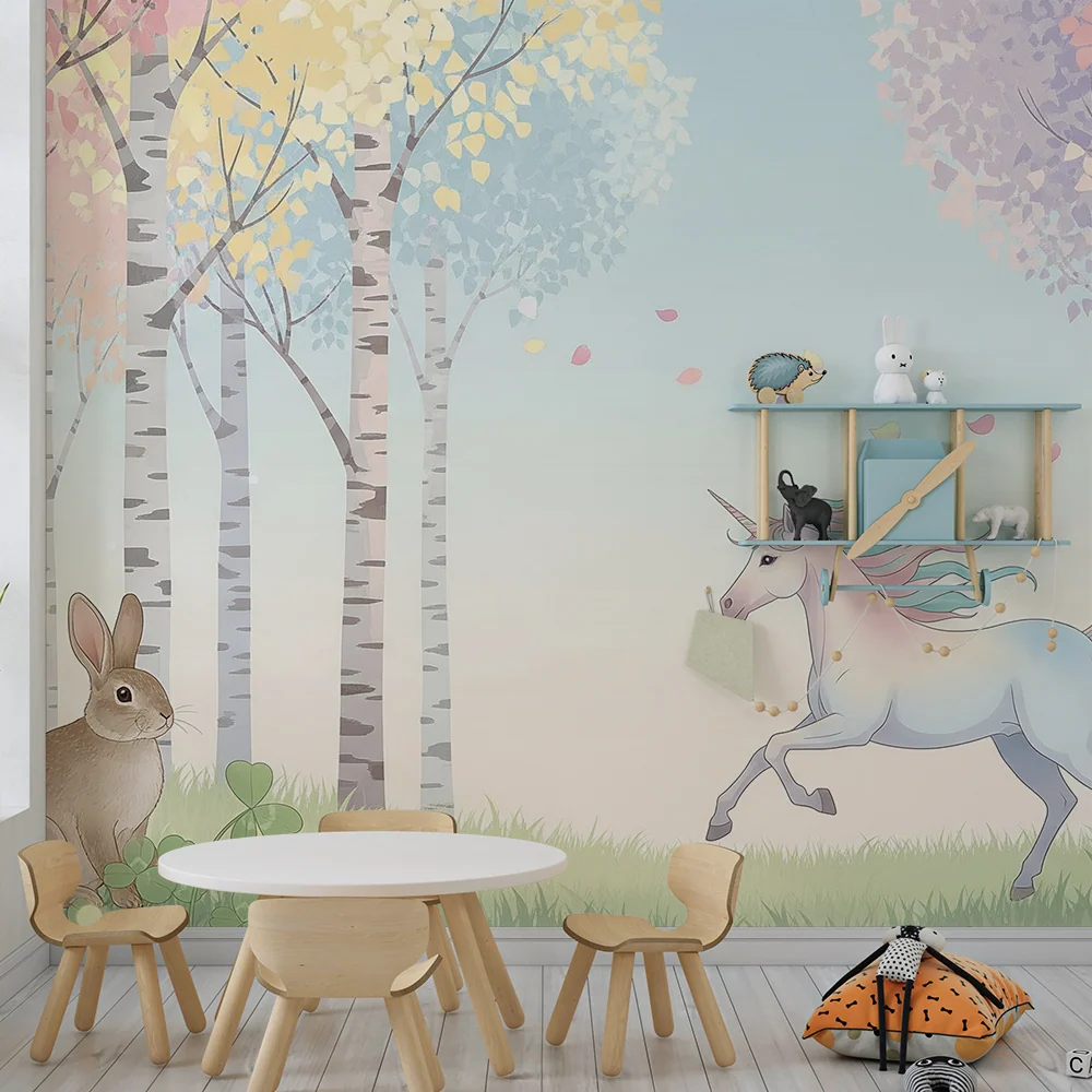 Tapet pentru camera copilului | Unicorn magic și zână într-o pădure fermecată