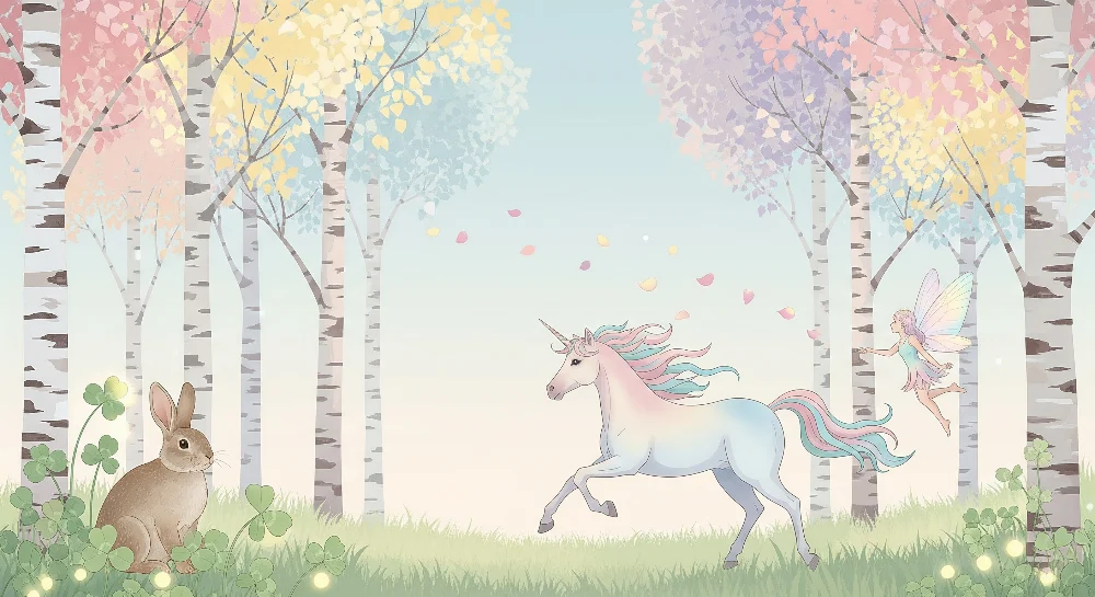 Tapet pentru camera copilului | Unicorn magic și zână într-o pădure fermecată