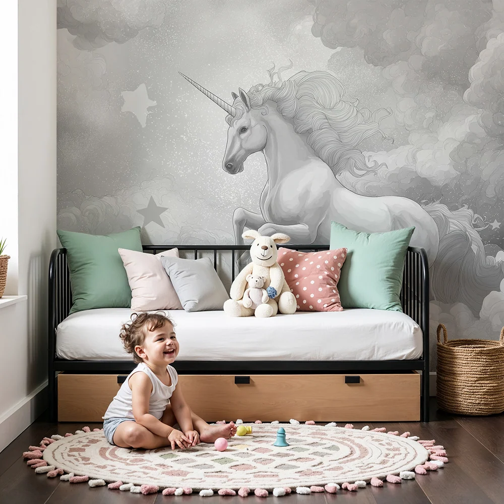 Tapet pentru camera copilului | Unicorn majestic pe cer înstelat