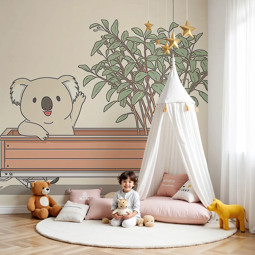 Tapet pentru camera copilului | Ursuleț Koala drăguț cu plantă
