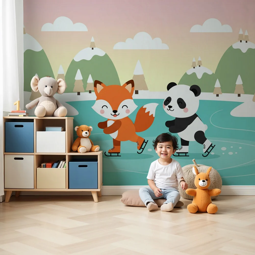 Tapet pentru camera copilului | Vulpe și panda patinând pe gheață