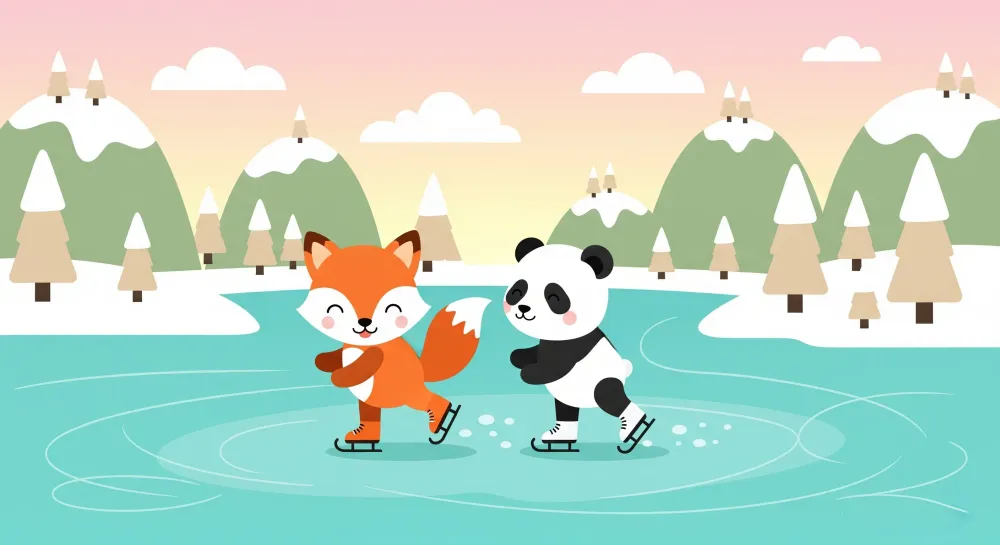 Tapet pentru camera copilului | Vulpe și panda patinând pe gheață