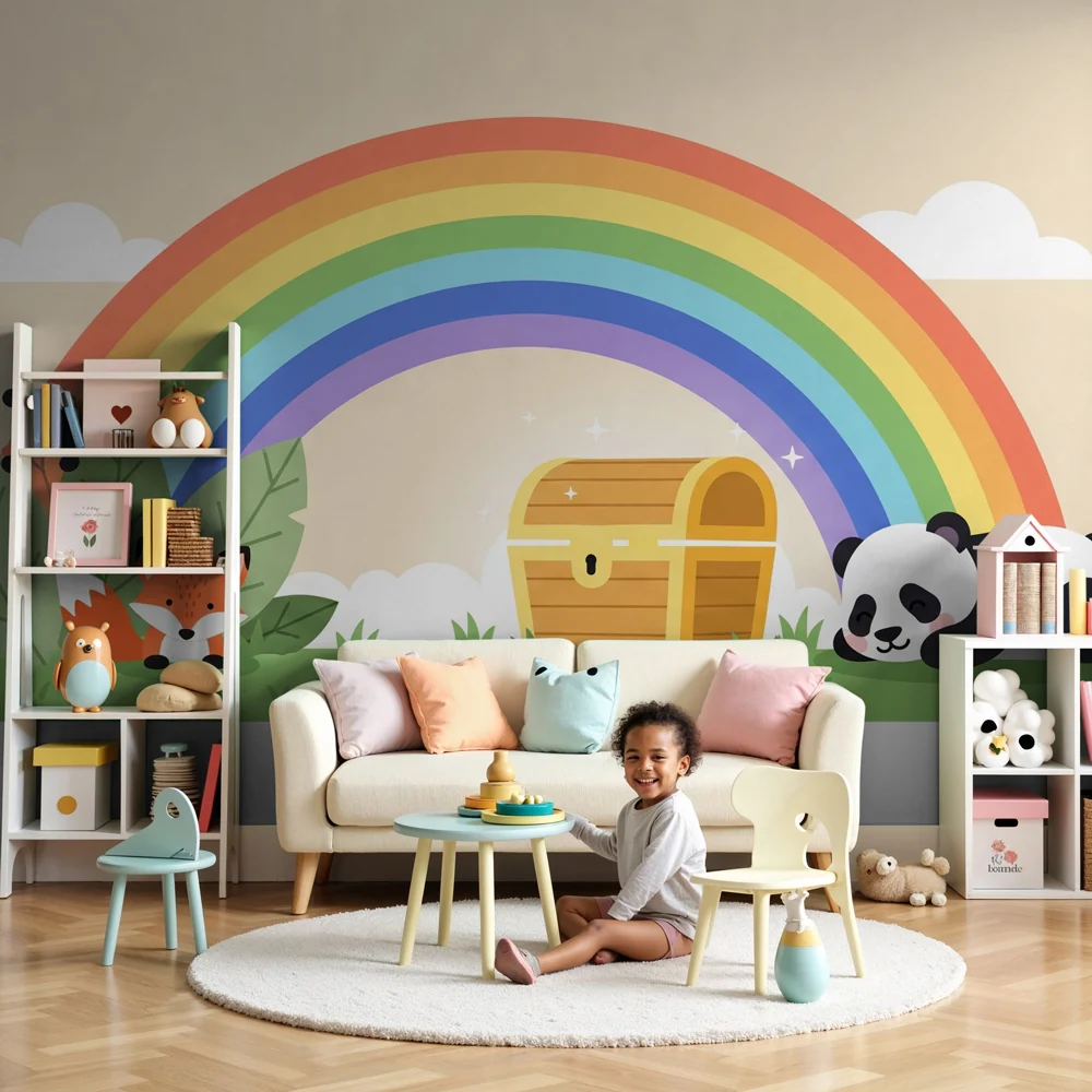 Tapet pentru camera copilului | Vulpe, panda și curcubeu