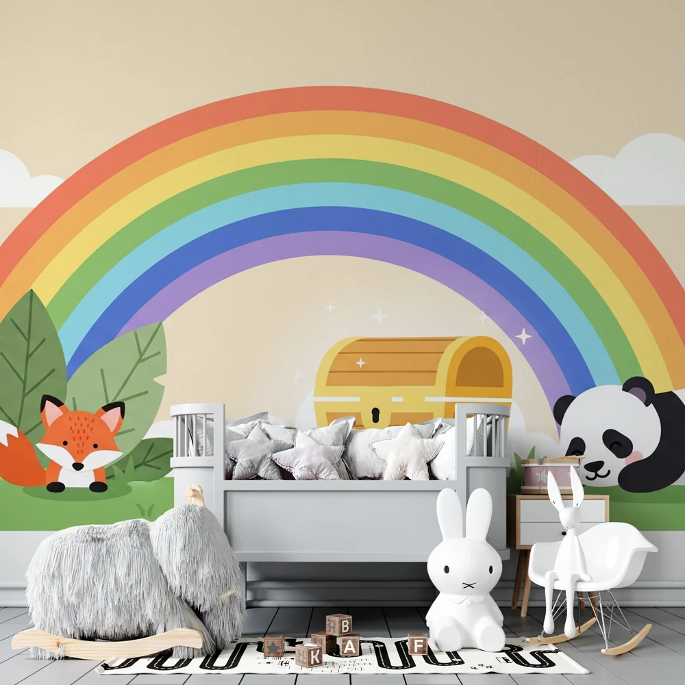 Tapet pentru camera copilului | Vulpe, panda și curcubeu