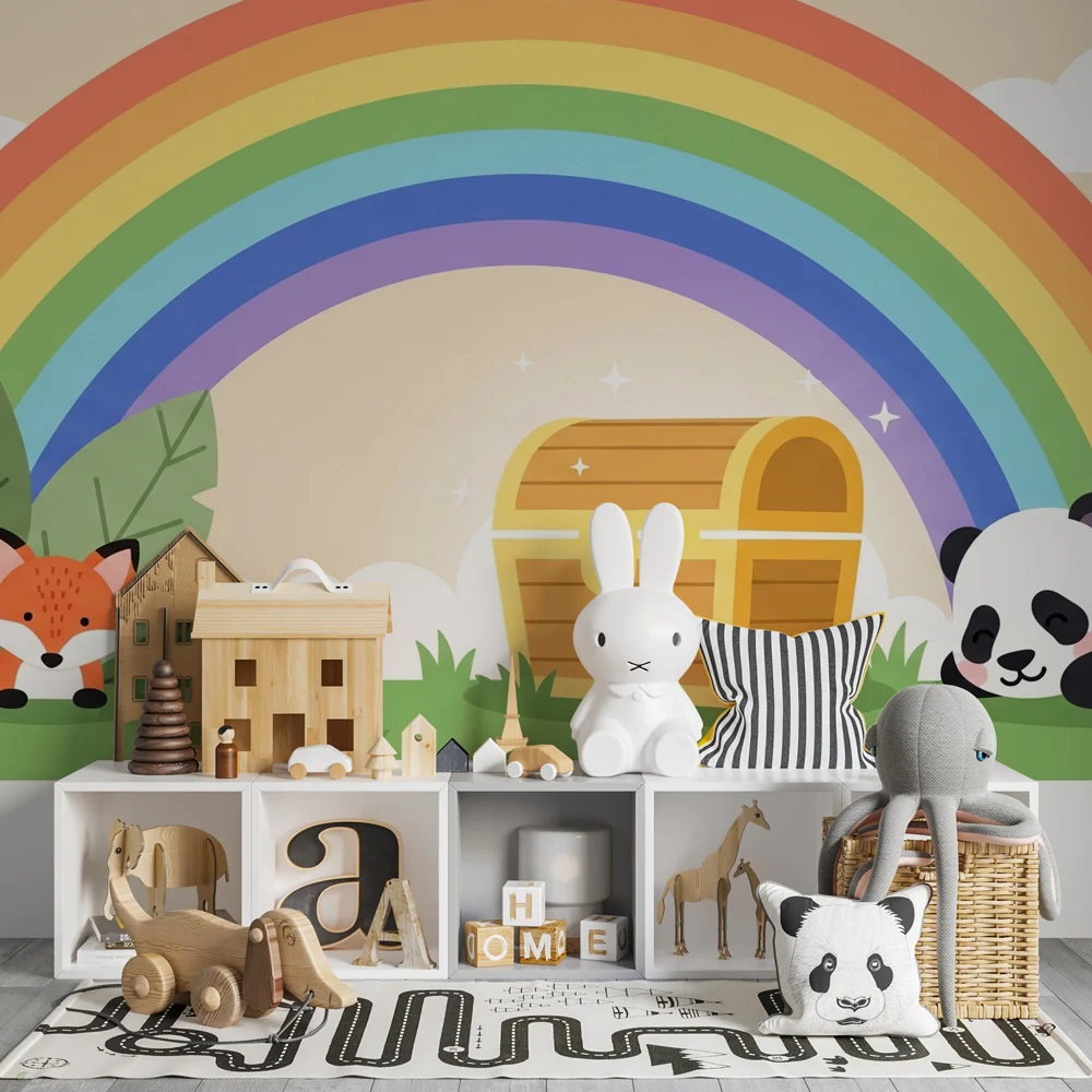 Tapet pentru camera copilului | Vulpe, panda și curcubeu