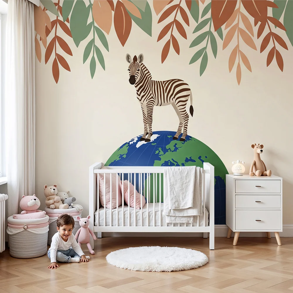 Tapet pentru camera copilului | Zebra pe planeta Pământ înconjurată de frunziș colorat