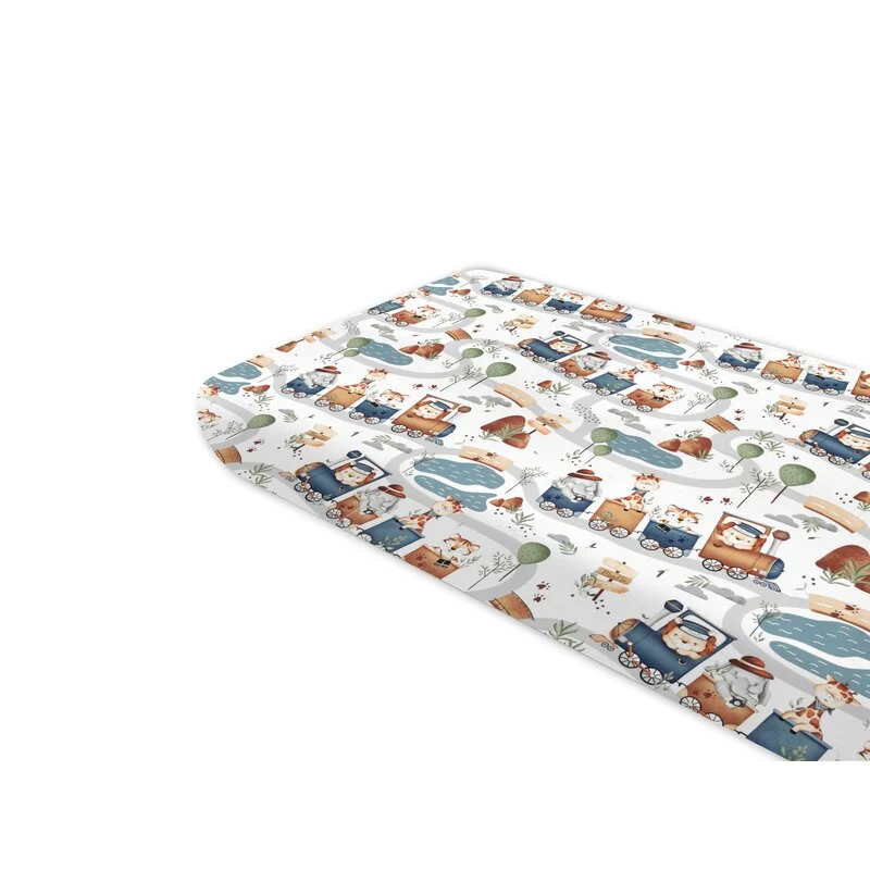 Cearceaf cu elastic, MimiNu, Pentru pat 160x80 cm, Din bumbac certificat Oeko Tex Standard 100, Design, Zoo train