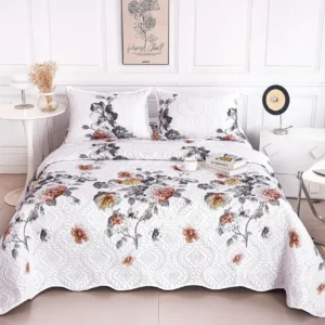Cuvertura De Pat 3 Piese, din Bumbac Satinat, Floricele-A9834