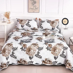 Cuvertura De Pat 3 Piese, din Bumbac Satinat, Floricele-A9849