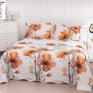 Cuvertura De Pat 3 Piese, din Bumbac Satinat, Floricele-A9858