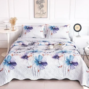 Cuvertura De Pat 3 Piese, din Bumbac Satinat, Floricele-A9846