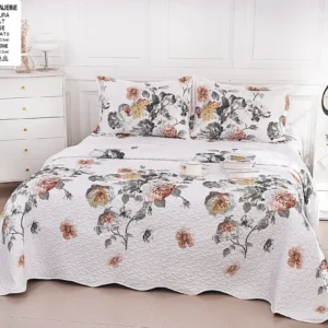 Cuvertura De Pat 3 Piese, din Bumbac Satinat, Floricele-A9835