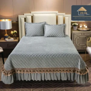 Cuvertura 3 Piese de Lux, din Catifea Matlasata cu Broderie Aurie, Gri Deschis