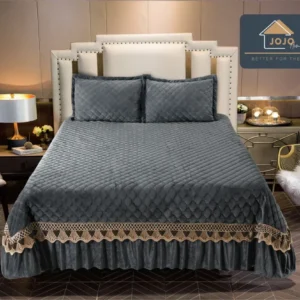 Cuvertura 3 Piese de Lux, din Catifea Matlasata cu Broderie Aurie, Gri Inchis