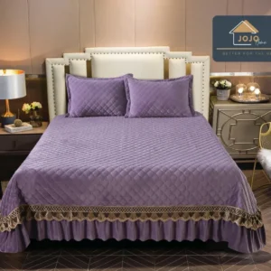 Cuvertura 3 Piese de Lux, din Catifea Matlasata cu Broderie Aurie, Mov