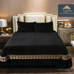Cuvertura 3 Piese de Lux, din Catifea Matlasata cu Broderie Aurie, Negru
