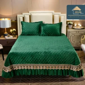 Cuvertura 3 Piese de Lux, din Catifea Matlasata cu Broderie Aurie, Verde